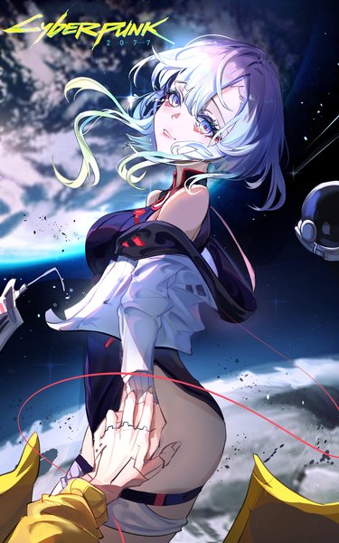 Anime picture 1050x1680 with cyberpunk edgerunners studio trigger lucy (cyberpunk) david martinez afall tall image looking at viewer short hair light erotic silver hair ass copyright name tears holding hands solo focus silver eyes helmet removed girl boy leotard