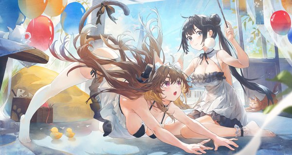 Anime picture 6083x3240 with original swkl:d long hair fringe highres breasts open mouth blue eyes light erotic black hair smile hair between eyes brown hair wide image large breasts bare shoulders multiple girls holding signed animal ears