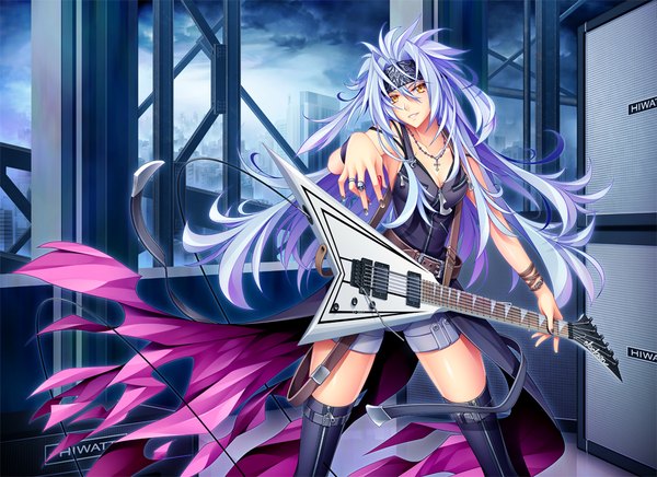 Anime picture 1012x737 with original 440 single long hair looking at viewer yellow eyes blue hair girl thighhighs black thighhighs shorts bracelet hairband guitar electric guitar
