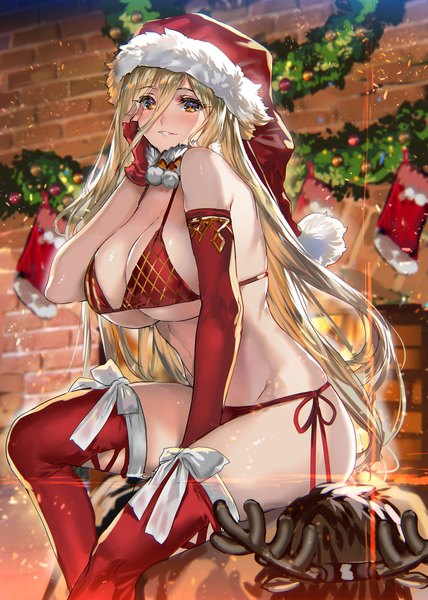 Anime picture 998x1400 with original ranou long hair tall image looking at viewer blush fringe breasts light erotic blonde hair smile hair between eyes large breasts sitting indoors parted lips orange eyes underboob christmas hand on face