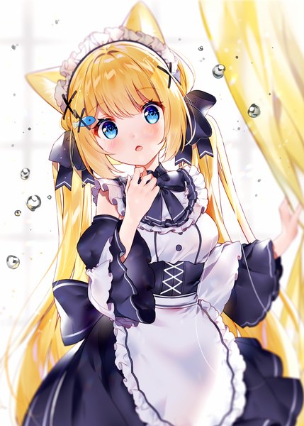 Anime picture 1000x1399 with virtual youtuber hanazono serena (channel) hanazono serena kawachi rin single long hair tall image looking at viewer blush open mouth blue eyes blonde hair twintails animal ears indoors head tilt maid cute girl uniform