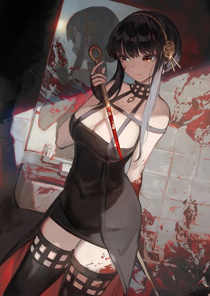 Anime picture 1062x1500 with spy x family yor briar lack single long hair tall image fringe breasts light erotic black hair red eyes large breasts holding looking away cleavage zettai ryouiki reflection arm behind back blood on face bloody weapon