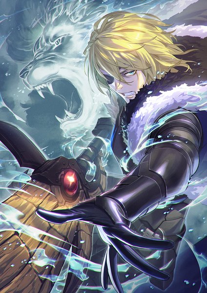 Anime picture 900x1273 with fire emblem fire emblem: three houses nintendo dimitri alexandre blaiddyd monmon1942 single tall image looking at viewer fringe short hair blue eyes blonde hair hair between eyes standing holding outstretched arm fighting stance clenched teeth boy gloves