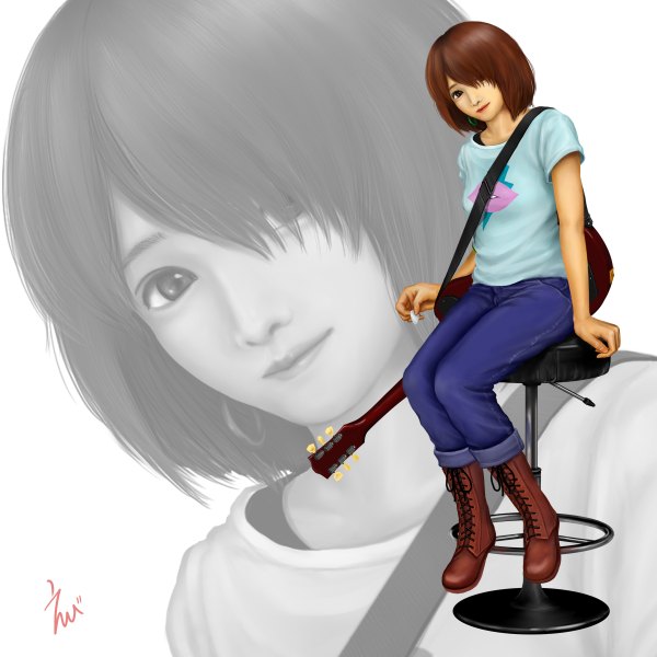Anime picture 1200x1200 with k-on! kyoto animation hirasawa yui ebi (eeotoko) single fringe short hair brown hair brown eyes hair over one eye realistic zoom layer girl boots t-shirt musical instrument guitar jeans