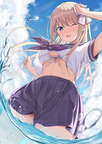 Anime picture 636x900 with original nekokobushi single long hair tall image looking at viewer blush fringe breasts open mouth blue eyes light erotic blonde hair hair between eyes large breasts standing sky cloud (clouds) nipples outdoors