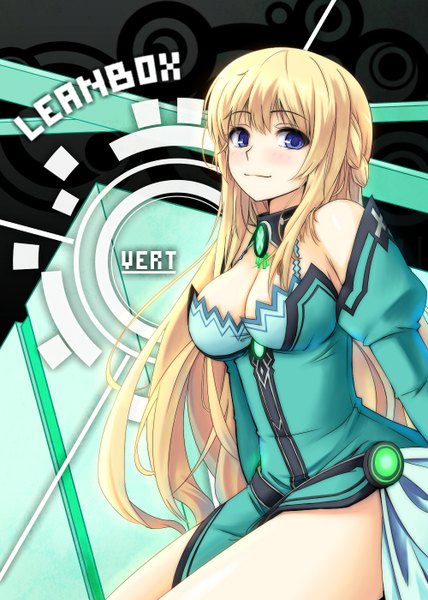 Anime picture 1000x1400 with choujigen game neptune kami jigen game neptune v vert gayprince single long hair tall image looking at viewer blush breasts blue eyes light erotic blonde hair girl dress detached sleeves