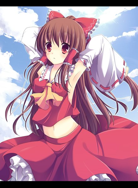 Anime picture 2853x3900 with touhou hakurei reimu ringonotane (muku) single long hair tall image highres red eyes brown hair absurdres armpit (armpits) letterboxed girl skirt bow hair bow detached sleeves skirt set