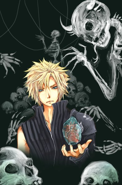 Anime picture 2000x3025 with final fantasy square enix cloud strife single tall image highres short hair blue eyes blonde hair skeleton boy heart skull heart (organ)