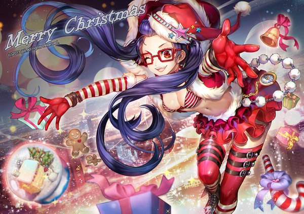 Anime picture 1341x945 with original j.lili single long hair light erotic red eyes twintails blue hair one eye closed wink night fur trim christmas merry christmas girl thighhighs skirt gloves navel hat