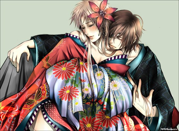 Anime picture 1350x990 with sengoku basara production i.g date masamune sanada yukimura haibara long hair blush short hair simple background brown hair bare shoulders brown eyes eyes closed traditional clothes japanese clothes hair flower off shoulder inscription multiple boys floral print