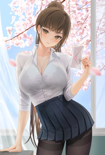 Anime picture 1750x2588 with original tokkihouse single long hair tall image looking at viewer blush fringe highres breasts light erotic brown hair large breasts standing holding brown eyes cleavage ponytail indoors parted lips
