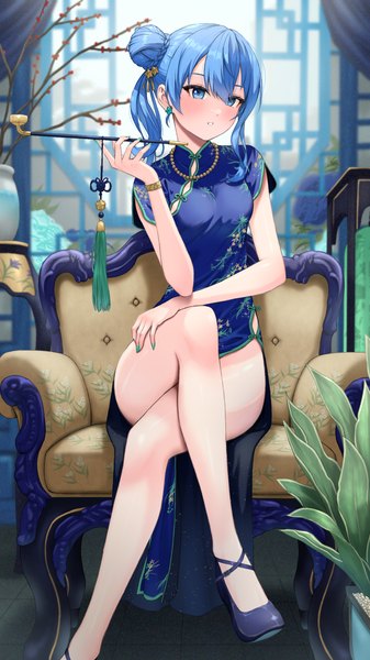 Anime picture 1080x1920 with virtual youtuber hololive hoshimachi suisei bowsan single long hair tall image blush fringe blue eyes light erotic hair between eyes sitting blue hair looking away full body indoors nail polish traditional clothes bare legs