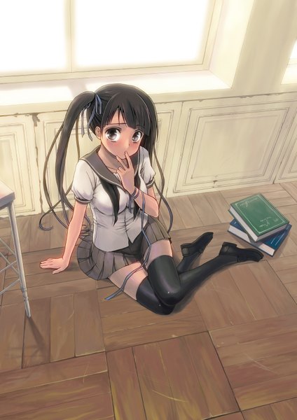 Anime picture 1190x1682 with original ko.t single long hair tall image looking at viewer black hair sitting twintails pleated skirt black eyes arm support finger to mouth knees touching girl thighhighs skirt uniform ribbon (ribbons) black thighhighs