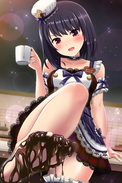 Anime picture 1000x1500 with alternative girls onitsuka chiho samayouratai single tall image looking at viewer blush short hair open mouth light erotic black hair purple eyes sparkle valentine pov feet convenient leg girl dress hat choker