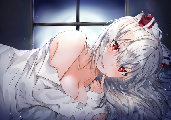 Anime picture 1684x1190 with touhou fujiwara no mokou hiiro60 single long hair looking at viewer blush fringe breasts open mouth light erotic smile hair between eyes red eyes large breasts silver hair indoors :d fingernails no bra