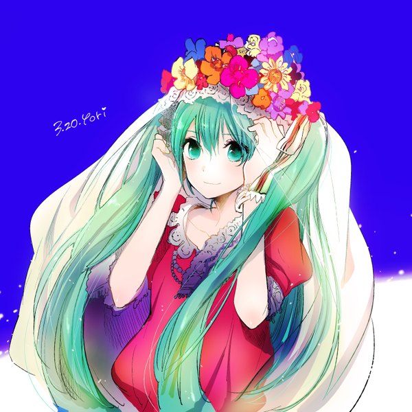 Anime picture 3000x3000 with vocaloid hatsune miku weda (artist) single long hair looking at viewer blush fringe highres smile twintails signed aqua eyes wind aqua hair blue background girl flower (flowers) bracelet jewelry