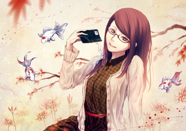Anime picture 1500x1060 with original oki (koi0koi) single long hair looking at viewer red eyes brown hair light smile girl dress flower (flowers) animal glasses sweater fish (fishes)