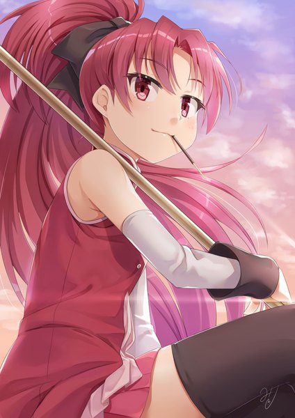 Anime picture 827x1169 with mahou shoujo madoka magica shaft (studio) sakura kyouko miri (ago550421) single long hair tall image red eyes bare shoulders signed looking away sky ponytail red hair weapon over shoulder girl thighhighs skirt bow black thighhighs