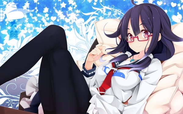 Anime picture 1920x1200 with kantai collection taigei light aircraft carrier ogami kazuki single long hair looking at viewer blush highres smile sitting twintails purple hair ahoge pink eyes wallpaper low twintails bespectacled girl pantyhose glasses