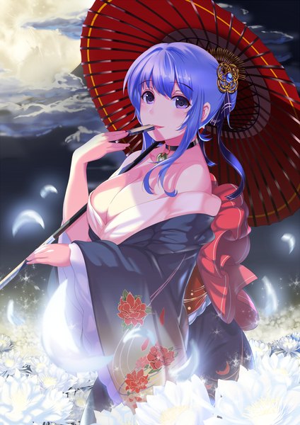 Anime picture 1060x1500 with original aiiyu single long hair tall image looking at viewer light erotic purple eyes blue hair cleavage traditional clothes japanese clothes girl hair ornament flower (flowers) petals kimono umbrella oriental umbrella closed fan