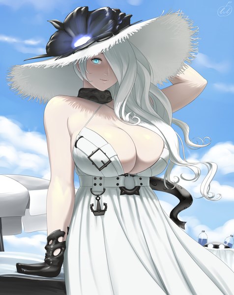 Anime picture 1280x1612 with kantai collection seaport summer hime lvl (sentrythe2310) single long hair tall image looking at viewer fringe breasts blue eyes light erotic large breasts sky cleavage cloud (clouds) white hair hair over one eye shinkaisei-kan girl dress