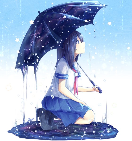 Anime picture 1301x1394 with original shiohari kanna single long hair tall image fringe open mouth blue eyes simple background hair between eyes holding signed blue hair looking away full body profile pleated skirt short sleeves gradient background rain