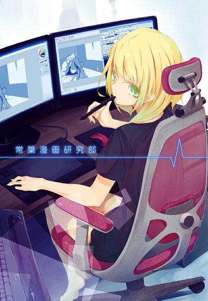Anime picture 800x1156 with original amagi mist single tall image fringe short hair blonde hair holding green eyes barefoot from above bare legs legs mouth hold girl chair monitor