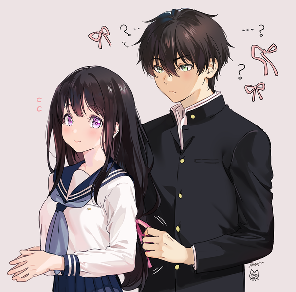 Anime picture 1500x1479 with hyouka kyoto animation chitanda eru oreki houtarou mery (yangmalgage) long hair looking at viewer blush fringe short hair black hair simple background hair between eyes standing purple eyes green eyes signed very long hair pleated skirt couple