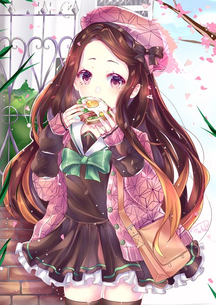 Anime picture 2893x4092 with kimetsu no yaiba ufotable kamado nezuko tactoki single long hair tall image looking at viewer blush highres brown hair standing holding sky cloud (clouds) upper body outdoors pink eyes multicolored hair wind