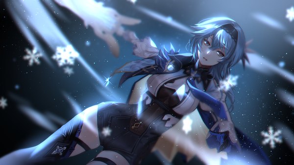 Anime picture 1920x1080 with genshin impact eula lawrence deras single long hair looking at viewer fringe highres open mouth simple background hair between eyes wide image standing holding yellow eyes blue hair blurry sparkle dutch angle wallpaper