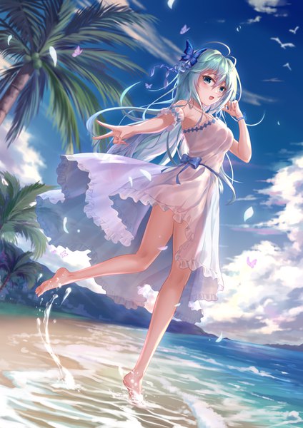 Anime picture 2480x3508 with original yelan xing xuan single long hair tall image looking at viewer blush fringe highres open mouth smile hair between eyes standing sky cloud (clouds) full body ahoge outdoors :d barefoot