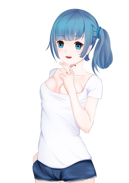 Anime picture 2480x3508 with original kaerou single tall image looking at viewer blush fringe highres short hair breasts open mouth blue eyes simple background smile standing white background holding blue hair blunt bangs :d