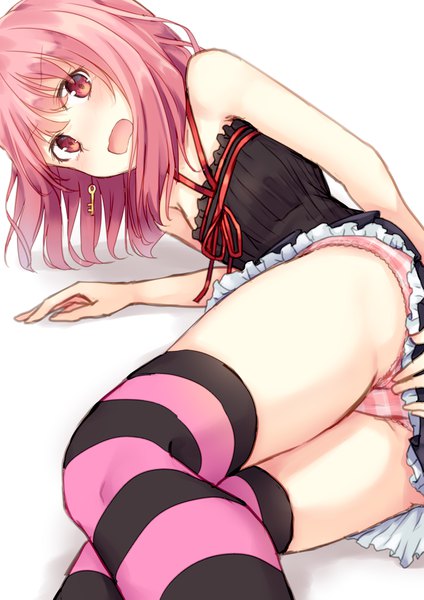 Anime picture 2894x4093 with original tsuchikure (3105mitoko) single long hair tall image looking at viewer blush fringe highres open mouth light erotic simple background hair between eyes red eyes white background pink hair ass lying arm support shadow