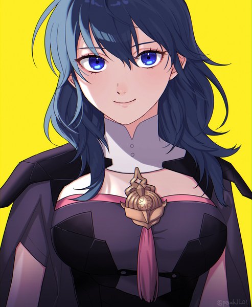 Anime picture 1920x2339 with fire emblem fire emblem: three houses nintendo byleth (fire emblem) byleth (female) (fire emblem) peach11 01 single long hair tall image looking at viewer fringe highres blue eyes simple background smile hair between eyes signed blue hair upper body twitter username