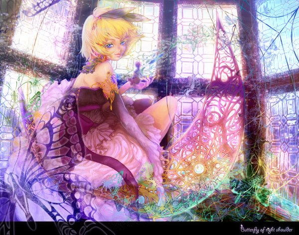 Anime picture 1650x1300 with vocaloid kagamine rin pamyuu short hair blue eyes blonde hair bare shoulders nail polish girl dress detached sleeves insect butterfly