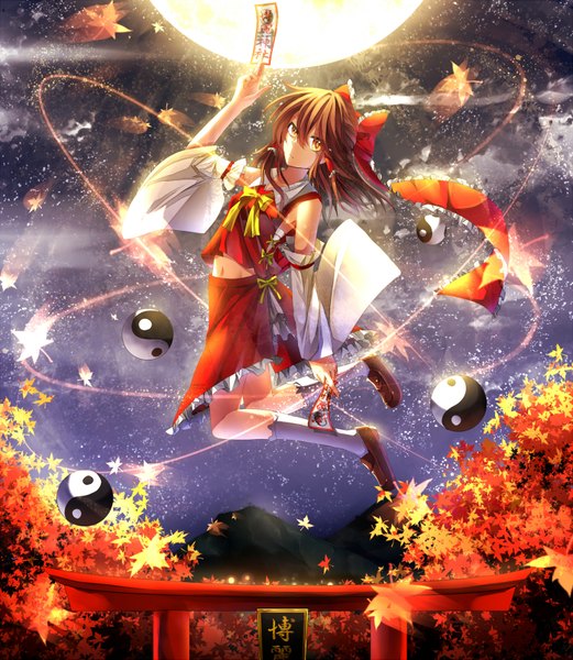 Anime picture 1500x1725 with touhou hakurei reimu kuga huna single long hair tall image brown hair yellow eyes mountain miko girl skirt detached sleeves socks leaf (leaves) moon white socks skirt set ofuda