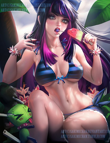 Anime picture 695x900 with panty & stocking with garterbelt anarchy stocking sakimichan single long hair tall image fringe open mouth blue eyes light erotic sitting holding purple hair nail polish multicolored hair fingernails lips realistic teeth alternate costume