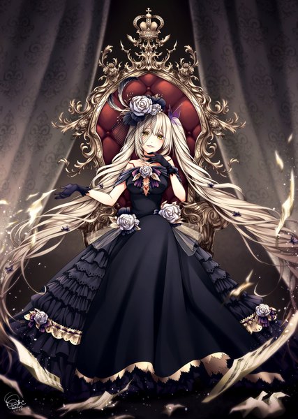 Anime picture 1400x1968 with fate (series) fate/grand order marie antoinette (fate/grand order) bambi nano single tall image looking at viewer fringe breasts blonde hair hair between eyes large breasts sitting twintails signed yellow eyes cleavage full body very long hair parted lips