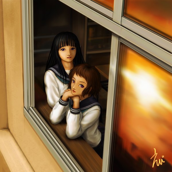 Anime picture 1200x1200 with hyouka kyoto animation chitanda eru ibara mayaka ebi (eeotoko) long hair looking at viewer short hair black hair red eyes brown hair purple eyes multiple girls signed realistic girl 2 girls serafuku window