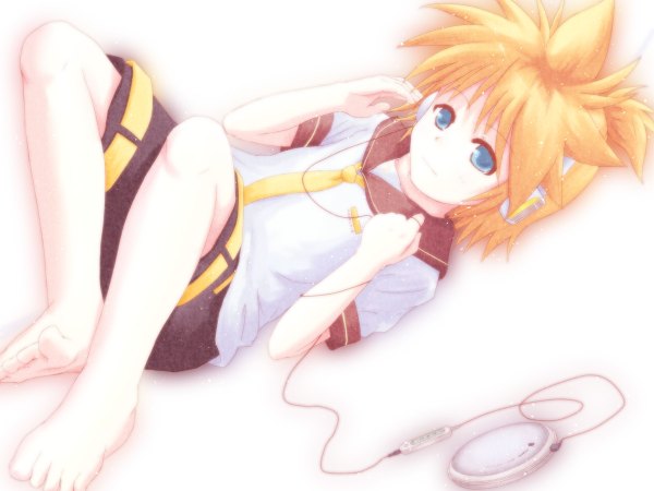 Anime picture 1200x900 with vocaloid kagamine len hirobakar blue eyes blonde hair lying barefoot from behind soles boy headphones