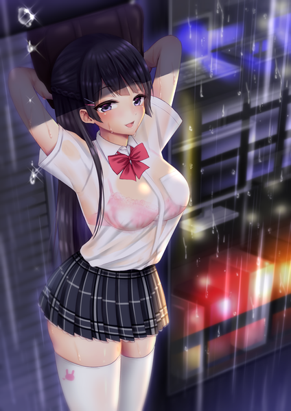 Anime picture 2894x4093 with virtual youtuber nijisanji tsukino mito yuzuri ai single long hair tall image looking at viewer blush fringe highres breasts open mouth light erotic black hair smile large breasts standing purple eyes outdoors