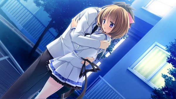 Anime picture 1023x577 with priministar aki kanoko blue eyes brown hair wide image game cg couple hug girl boy uniform school uniform