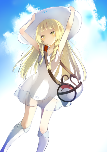 Anime picture 700x988 with pokemon pokemon sm nintendo lillie (pokemon) lpip single long hair tall image looking at viewer fringe blonde hair standing green eyes sky cloud (clouds) blunt bangs braid (braids) head tilt arms up twin braids