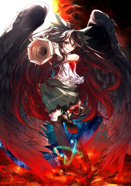 Anime picture 1800x2546 with touhou reiuji utsuho senshuu kou single tall image fringe highres smile red eyes brown hair looking away bent knee (knees) ponytail red hair very long hair pleated skirt multicolored hair short sleeves high heels grin