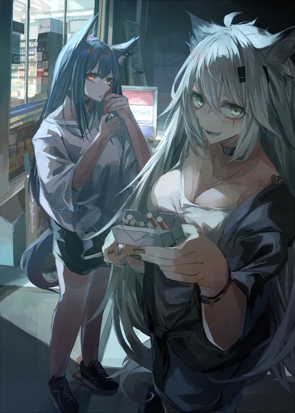 Anime picture 1400x1959 with arknights texas (arknights) lappland (arknights) miyabino (miyabi1616) long hair tall image looking at viewer fringe breasts open mouth smile hair between eyes large breasts standing multiple girls holding animal ears payot blue hair silver hair