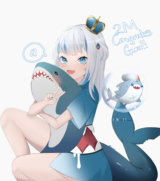 Anime picture 2218x2500 with virtual youtuber hololive hololive english gawr gura gawr gura (1st costume) bloop (gawr gura) eevyart single long hair tall image highres open mouth blue eyes simple background white background sitting signed looking away silver hair tail