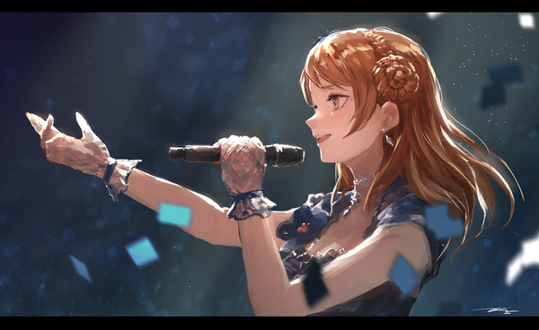 Anime picture 2934x1803 with idolmaster idolmaster cinderella girls idolmaster cinderella girls starlight stage houjou karen kouzuki kei single long hair highres open mouth brown hair wide image holding brown eyes looking away :d outstretched arm letterboxed singing song for life girl