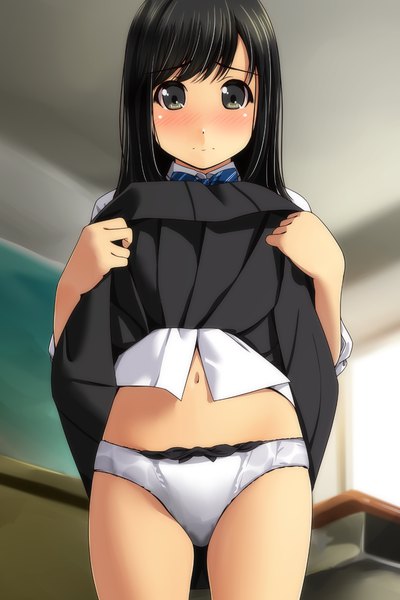 Anime picture 800x1200 with original matsunaga kouyou single long hair tall image looking at viewer blush fringe light erotic black hair standing indoors pleated skirt black eyes skirt lift classroom girl skirt navel uniform