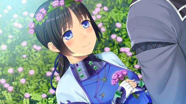 Anime picture 1280x720 with sengoku hime 5 long hair blush blue eyes black hair smile wide image game cg girl dress flower (flowers) wreath