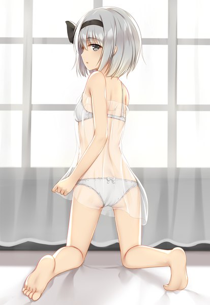 Anime picture 1200x1742 with touhou konpaku youmu flan (seeyouflan) single tall image looking at viewer short hair light erotic silver hair parted lips profile looking back barefoot from behind grey eyes kneeling soles ke-ta (style) girl dress